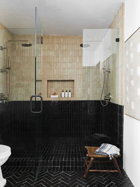 Visit TV Host & Designer Bobby Berk's Desert Oasis - Houses for Rent in Palm Desert, California, United States - Airbnb Black Tiled Shower Ideas, Black And White Shower Tile, Mirror And Sconces, Nz House, Modern Towel Bars, Moody Bathroom, Dark Bathroom, Bobby Berk, Shower Inspiration