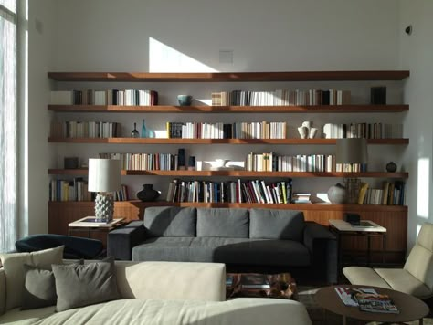 Walnut Floating Shelves Living Room, Walnut Built In Bookshelves, Small Apartment Library, Walnut Bookshelves, Walnut Bookshelf, Dream House Interior, House Room, Apartment Inspiration, A Living Room