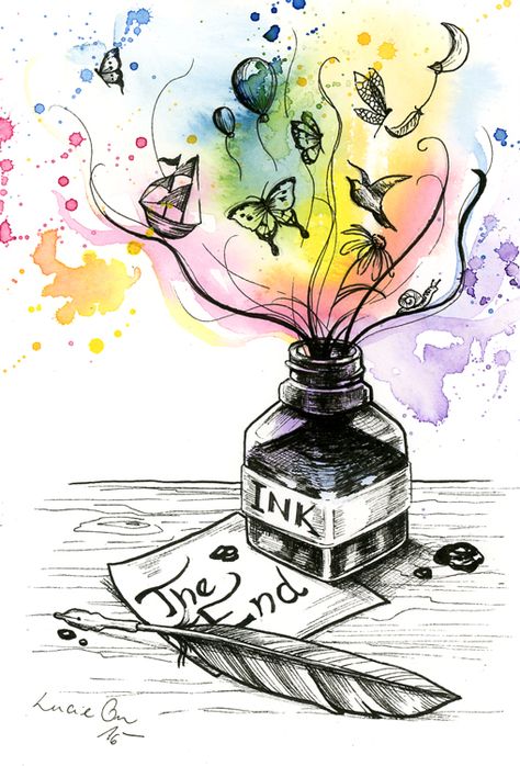 Inktober 31: The End by LucieOn.deviantart.com on @DeviantArt Spilled Ink Bottle Drawing, Creativity Illustration Art, Exotic Ink Drawing, Ink Spill Art, Dream Ink Drawing, Inktober Art Ideas, Ink Bottle Illustration, Bottle Spilling Drawing, Spill Art Ideas