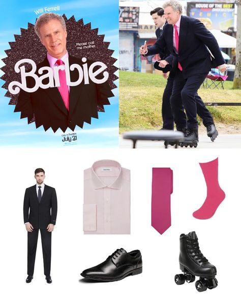 Black Roller Skates, Barbie 2023, Greta Gerwig, Will Ferrell, Pink Details, Pink Socks, Black Dress Shoes, Pink Tie, Black Suit