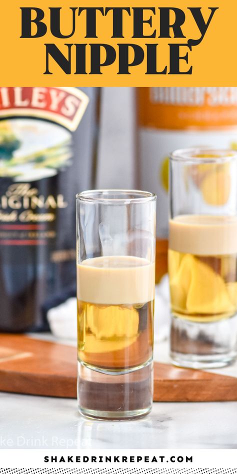 The Buttery Nipple Shot is a smooth, decadent shooter with layered flavors of butterscotch and Irish cream. With only two Buttery Nipple shot ingredients, this drink is a creamy, sweet, and easy way to please a crowd in any season. Serve this shot after dinner as dessert or any time you have a hankering for something sweet! Fall Shooters Alcohol, Whiskey Shots Recipes, Shooters Alcohol Recipes, St Patty Drinks, Alc Drinks, Bartending Ideas, Lake Recipes, Witches Party, Bar Shots