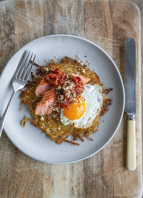 Crispy Potato Rösti with Hot-smoked Salmon and Soft Eggs » Dish Magazine Smoked Salmon Potato, Chilli Relish, Soft Eggs, Salmon Potatoes, Dish Magazine, Potato Galette, Soft Egg, Salmon Potato, Tomato Relish