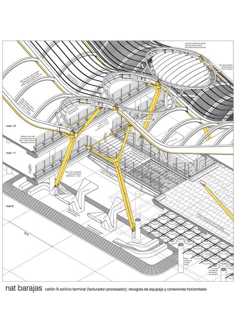 Madrid-Barajas Airport Terminal 4,Axonometric Airport Architecture, Richard Rogers, Airport Terminal, Airport Design, Airports Terminal, Concept Diagram, Architecture Graphics, Roof Structure, Structure Architecture