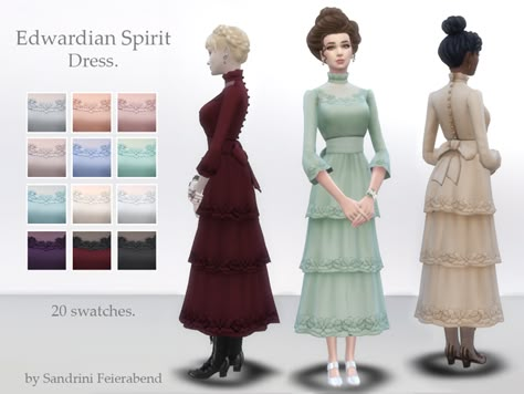 Edwardian Spirit Dress. | Sandrini Feierabend Sims on Patreon Ts4 Victorian Cc, Sims 4 Edwardian, Victorian Sims 4, 1900 Dress, Juliet Dress, Sims 4 Decades Challenge, Sims 4 Challenges, 31 December, Sims 4 Mm Cc