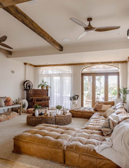 Exposed Beams Living Room, Linen Sheers, Beam Ideas, Rustic Interior Style, Beams Living Room, Mediterranean Living Room, Light Hardwood Floors, Latest Interior Design, Open Concept Living Room