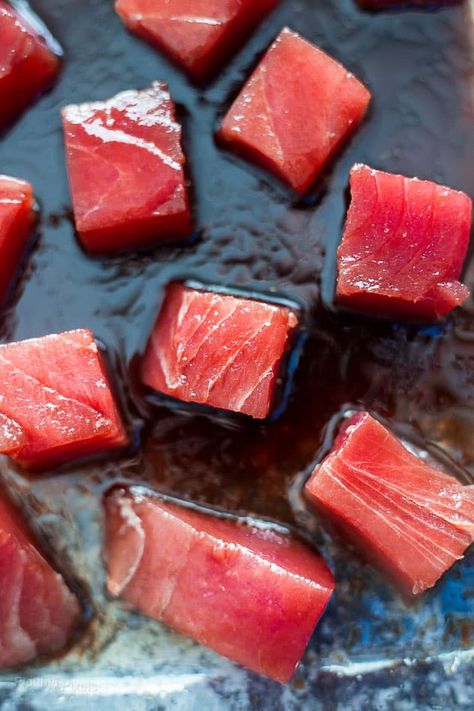 Ahi Tuna Bites, Ahi Tuna Marinade, Tuna Bites Recipe, Tuna Marinade, Asian Feast, Tuna Bites, Homemade Marinade, Healthy Party Appetizers, Seared Ahi Tuna