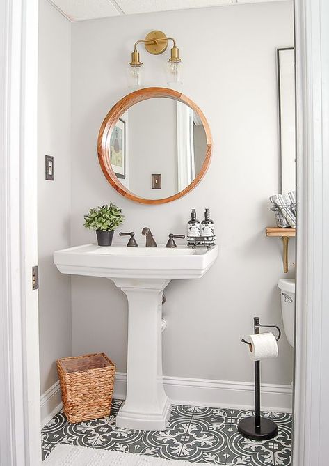 Follow The Yellow Brick Home - One Room Challenge Week 4Tiny Powder Room Makeover Pedestal Sink Vintage Modern Bathroom, Small Half Baths, Modern Vintage Bathroom, Cute Bathroom Ideas, Vintage Bathroom Decor, Bad Inspiration, Pedestal Sink, Vintage Bathrooms, Diy Bathroom Decor