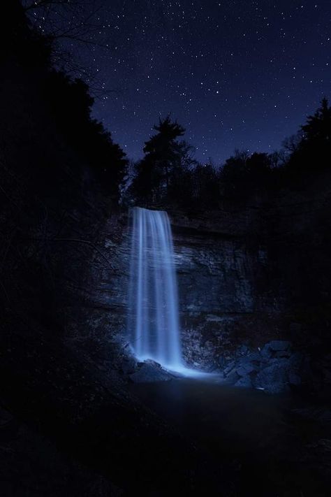 Waterfall At Night Aesthetic, Waterfalls At Night, Blue Waterfall Aesthetic, Night River Aesthetic, Waterfall At Night, Night Waterfall, Game Level Design, Waterfall Photo, Forest Waterfall