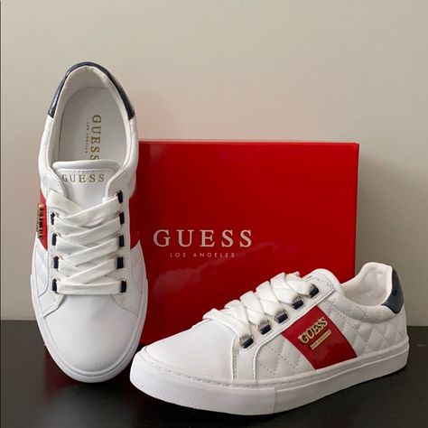 Guess Sneakers, Guess Shoes, Dc Sneaker, Designer Sneakers, Superga Sneaker, White Sneakers, Designer Brands, Gold Accents, Sneakers Fashion