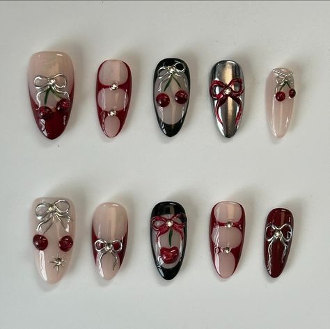 Cherry 🍒 #pressonnailsforsale #pressonnails #cherrynails🍒 #rednails Cherry 3d Nails, Cherry Nail Art Design, Black Cherry Nails Design, Chinese New Years Nails, Cherry Inspired Nails, 3d Cherry Nails, Nail Inspo With Charms, Cherry Cola Nails, Nail Cherry