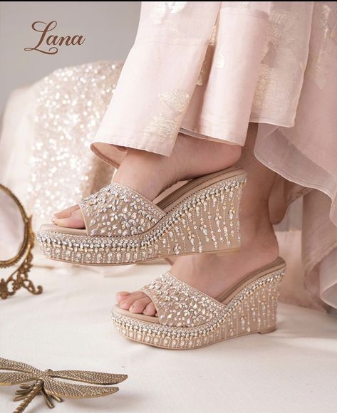 Bridal Wedge Heels, Indian Wedding Heels, Bridal Heels Indian Weddings, Bridal Sandals Heels Indian, Bridal Sandals Heels, Butterfly Hairstyle, Bridal Things, Bridal Footwear, Fancy Sandals