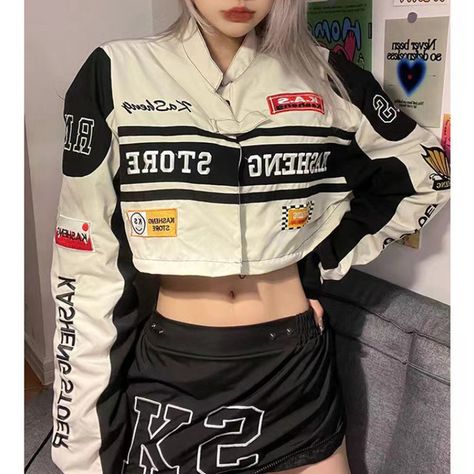 Sporty Jacket Outfit, Race Car Jacket, Racing Jacket Outfit, Vintage Racing Jacket, Button Embroidery, Jacket Varsity, Race Outfit, Print Outerwear, Loose Pullover Sweater