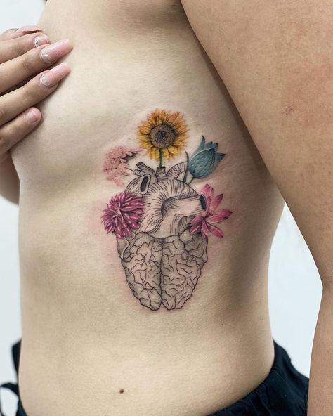 Brain With Flowers Tattoo, Sunflower Heart Tattoo, Psychology Tattoos, Simplicity Tattoos, Brain Flowers, Nursing Tattoos, Brain Tattoos, Brain Tattoo, Anatomical Heart Tattoo