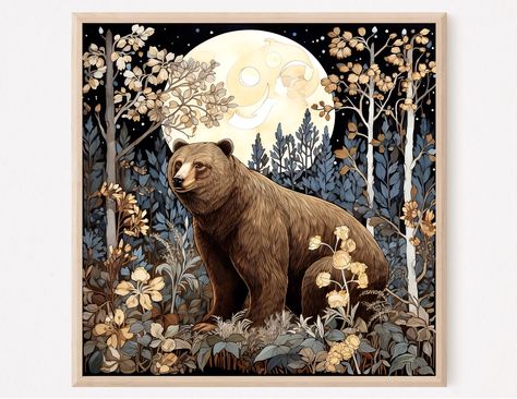 Bear Art Print, Bear and Nature Painting Wall Art Decor, Wild animals Art, Bear Vintage Style Painting, Square Animal Print, Home Decor Gift Bear Art, Floral Border, Animal Illustration, Art Nouveau, Resolution, Square, Wall, Art, Nature