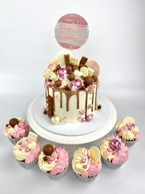 Milk chocolate drip cake with matching cupcakes Cake With Matching Cupcakes, Chocolate Drip Cake, Chocolate Drip, Drip Cake, Drip Cakes, Milk Chocolate, Chocolate Milk, Birthday Cake, Milk