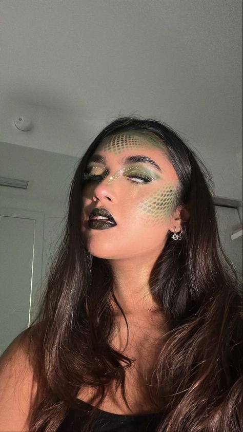 Snake Halloween Costume Women, Halloween Snake Costume, Snake Face Makeup, Snake Makeup Halloween, Snake Costume Womens, Snake Charmer Costume, Snake Makeup Look, Medusa Costume Makeup, Snake Skin Makeup