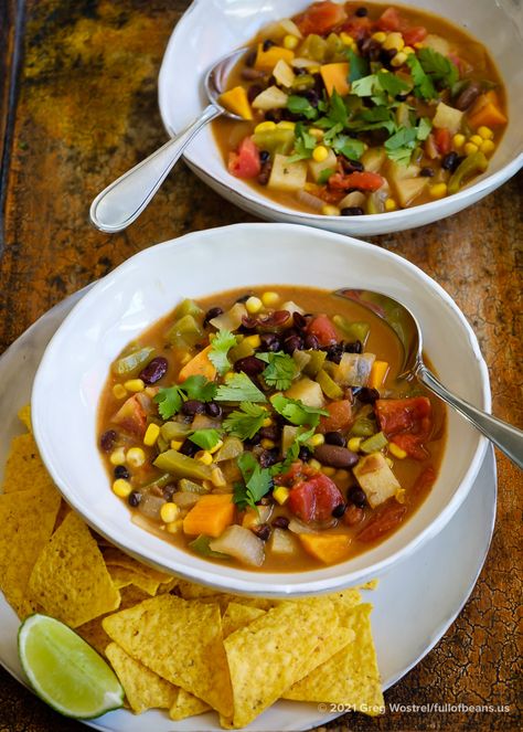 Vegan Mexican Vegetable Soup with Jicama and Sweet Potatoes | Full of Beans Mexican Vegetable Soup, Mexican Vegetables, Stew Vegan, Soup With Rice, Vegan Lentil Soup, Vegan Lentil, Mexican Soup, Chili Soup, Sausage Soup