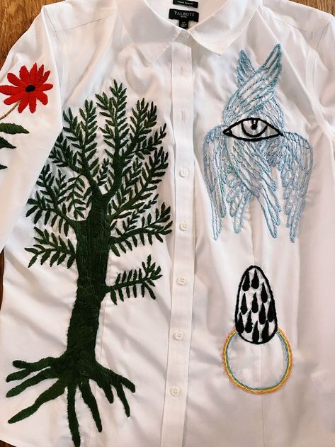 upcycled shirt by tessa perlow with embroidered tree, flower, cosmic egg, angel Poncho Ideas, Tessa Perlow, Embroidery Artists, Embroidered Tree, Upcycled Shirt, Cosmic Egg, Upcycle Shirt, Scarf Poncho, Couture Details