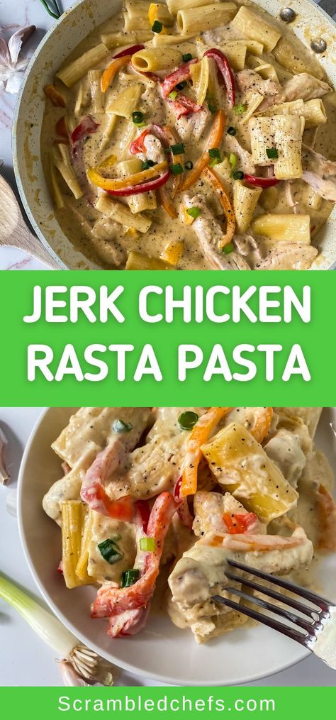 Caribbean Jerk Chicken Pasta, Jerk Alfredo Pasta, Jerk Chicken Alfredo, Jerk Chicken Pasta, Rasta Pasta Recipe, Jamaican Chicken, Rasta Pasta, Caribbean Jerk Chicken, Jamaican Dishes