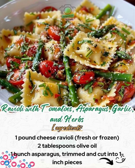 Emily Recipes Ravioli With Tomatoes Asparagus Garlic, Ravioli With Tomatoes And Asparagus, Mediterranean Ravioli, Vegetable Ravioli, Cheese Ravioli Recipe, Fresh Ravioli, Asparagus Balsamic, Asparagus Garlic, Parsley Recipes