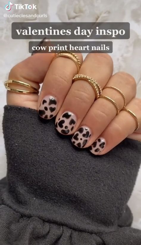 Western Valentines Day Nails, Cow Print Valentine Nails, Cow Print Valentines, Western Nails, Cow Nails, Valentine Print, Heart Nails, Valentine's Day Nails, Valentines Nails