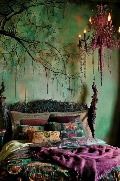 21 Dark Cottagecore Bedroom Ideas – The Crafty Hacks Green Gothic Bedroom, Dark Cottagecore Aesthetic Bedroom, Cottagecore Aesthetic Bedroom, Forest Bedroom Ideas, Dark Cottagecore Bedroom, Cottagecore Bedrooms, Cottagecore Bedroom Decor, Gothic Bedroom Ideas, Cottagecore Bedroom Ideas