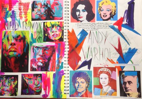 Andy Warhol Sketchbook Page, Pop Art Sketchbook Page, Andy Warhol Research Page, Pop Art Gcse Sketchbook, Andy Warhol Artist Research Page, Pop Art Sketchbook, Colourful Artist Research Page, Pop Art Research Page, Sketchbooks Inspiration