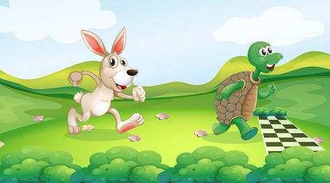 Rabbit and turtle in the race | Free Vector #Freepik #freevector #nature #mountain #animal #landscape Rabbit And Turtle, Rabbit And Tortoise, Forest Animals Illustration, Story Drawing, Rabbit Illustration, Pet Monkey, Monkeys Funny, Paper Animals, Animal Alphabet