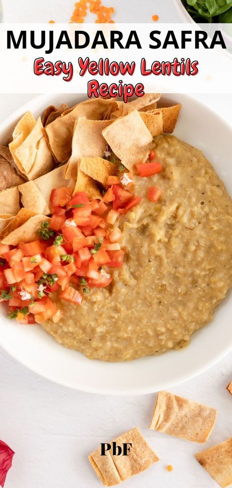 a bowl of yellow porridge with text "mujadara safra easy yellow lentils recipe" Vegan Lebanese, Mujadara Recipe, Lebanese Lentil Soup, Lentils Rice, Lentils Recipe, Rice Recipes Vegan, Yellow Lentils, Lentil Dishes, Lentils And Rice