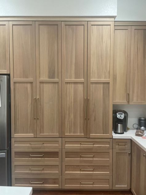 Natural White Oak Cabinets Kitchen, Small Kitchen With Light Wood Cabinets, Natural Oak Kitchen Cabinets Modern, Knotty White Oak Cabinets, Weathered Oak Cabinets, White Oak Kitchen Cabinets Stain Color, Refinishing Maple Cabinets, Quartersawn White Oak Cabinets, Ash Cabinets Kitchen