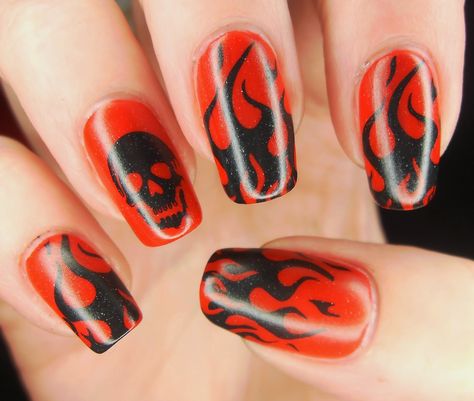 Rockstar 01 and Punk 04 80s Rock Nails, Red Toenails, Rock Nails, Flame Nail Art, Sharp Claws, Flaming Skull, Halloween Manicure, Manicure Art, August Nails