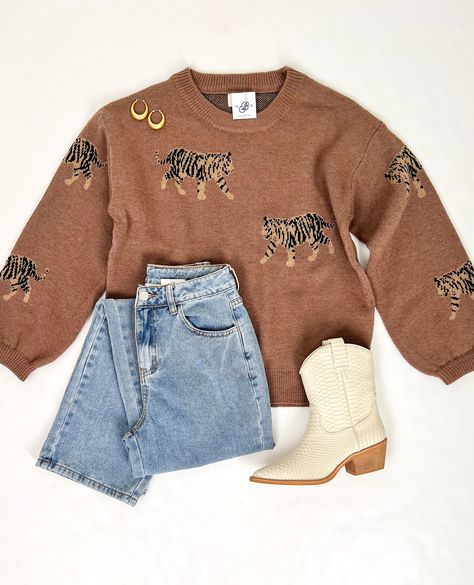 How cute is this new tiger sweater?! 🐅 . . . . #tigersweater #tigerprint #shoplocal #lilyandpark Tortoise Sweater, Urban Outfitters Tiger Shirt, Tiger Sweater, Tiger Print Jacket, Tiger Crewneck Boys Shirt, Shop Local, Tiger Print