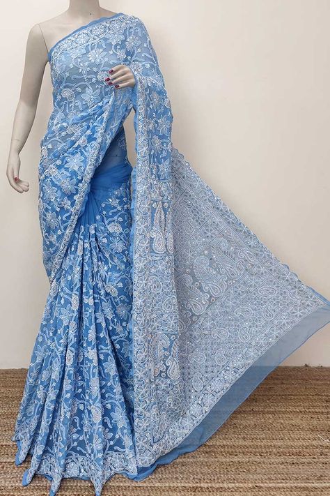 Teel Blue Color Allover Hand Embroidered Lucknowi Chikankari Saree with Gota Patti work (With Blouse - Georgette) MC252816 Lucknowi Chikankari Saree, Party Saree, Chikankari Saree, Gota Patti Work, Lucknowi Chikankari, Sarees Silk, Party Sarees, Traditional Indian Outfits, Online Shopping India