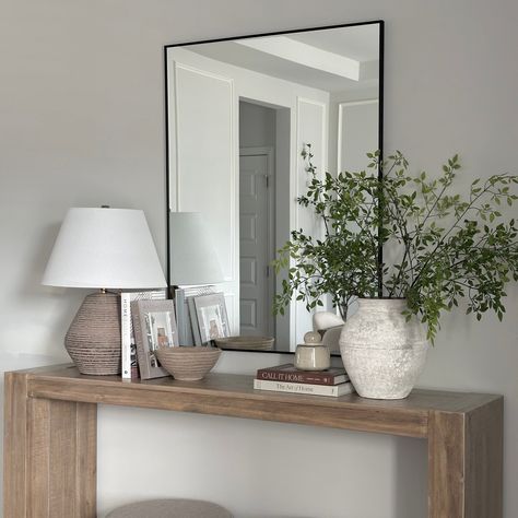 Rectangle Mirror Entryway Ideas, Black Mirror Hallway, Entryway Frames, Mirror Above Console Table, Table Mirror Decor, Dinning Room Mirror, Entry Table With Mirror, Console Table Mirror, Black Framed Mirror