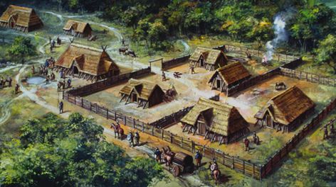 An artist's reconstruction of an Anglo-Saxon village in Hampshire, UK. Anglo Saxon Houses, Saxon History, Anglo Saxon History, Viking Village, Ancient Village, Medieval Houses, Fantasy City, Fantasy Places, Medieval History