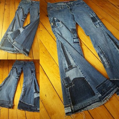 Patchwork Bell Bottoms Bell Bottom Jeans Pattern, Diy Jean Bottoms, Diy Denim Bell Bottoms, Custom Bell Bottom Jeans, Patchwork Bell Bottoms, Custom Patchwork Jeans, Patchwork Bell Bottom Jeans, Jeans Patchwork Diy, Upcycled Jeans Ideas