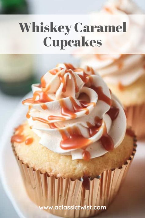 Whiskey Caramel Cupcakes. A rich, moist and delicious yellow cake with a salty caramel frosting to complete. Caramel Bourbon Cupcakes, Vanilla Whiskey Cake, Bourbon Cupcake Recipe, Whiskey Cupcake Recipes, Peach Bourbon Cupcakes, Vanilla Bourbon Cupcakes, Boozy Chocolate Cupcakes, Chocolate Whiskey Cupcakes, Carmel Cupcake Recipe