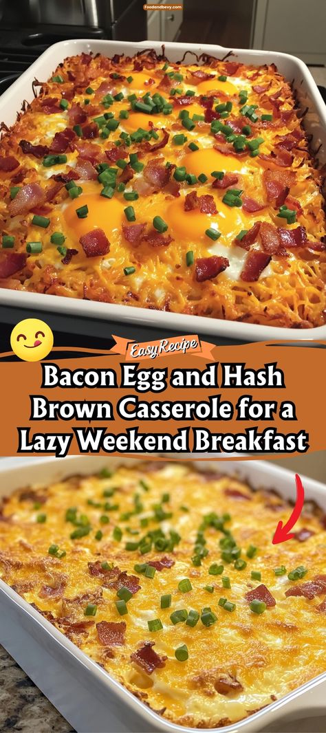 Kickstart your weekend with the Bacon Egg and Hash Brown Casserole. This hearty breakfast casserole combines crispy bacon, cheesy eggs, and golden hash browns, all baked to perfection. It's the ideal dish to gather the family around on a lazy morning. #WeekendBreakfast #HashBrownCasserole #BaconEggCasserole Breakfast Casserole Hashbrowns And Bacon, Maple Bacon Breakfast Pie, Eggs Bacon Cheese Casserole, Hashbrown Patty Casserole Breakfast, Easy Breakfast Ideas Casseroles, Brunch Ideas Casserole, Bacon Eggs Hashbrown Casserole, Hash Brown Bacon Egg Casserole, Bacon Potato And Egg Casserole