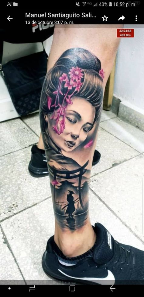 Geisha Tattoo For Men, Geisha Tattoo Sleeve, Japanese Girl Tattoo, Tato Geisha, Japanese Geisha Tattoo, Calf Tattoo Men, Japanese Leg Tattoo, Koi Tattoo Sleeve, Geisha Tattoo Design