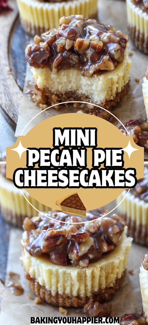 Mini Pecan Pie Cheesecakes, these decadent little cheesecakes are topped with a rich and delicious gooey, crunchy pecan pie topping! Recipe For Mini Cheesecakes, Pecan Pie Cheesecake Recipe No Bake, No Bake Pecan Pie Cheesecake Bars, Pecan Pie Cheesecake Recipe Easy, Pecan Pie Topping For Cheesecake, Thanksgiving Mini Cheesecakes, Mini Pecan Pie Cheesecakes, Mini Pecan Cheesecakes, Mini Pie Recipe