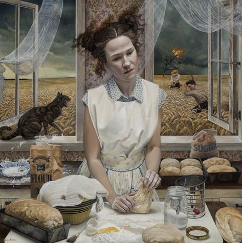 https://flic.kr/p/E3gD37 | Andrea Kowch - In the Distance [2015] | A Michigan native, Andrea Kowch cites the Midwestern landscape as the prime inspiration for her work. Kowch's charming, haunting scenes have been compared to the work of Andrew Wyeth and Alfred Hitchcock. Like Wyeth, Kowch paints in a realist style, using rural settings as metaphors for her female subjects' internal states. And as in Hitchcock's films, the scenes Kowch depicts are not what they seem; mysterious plots and back... Andrea Kowch, Strange Images, Art Bizarre, Storytelling Art, Paintings Portraits, Holy Art, Mark Ryden, Bizarre Art, Surrealism Art