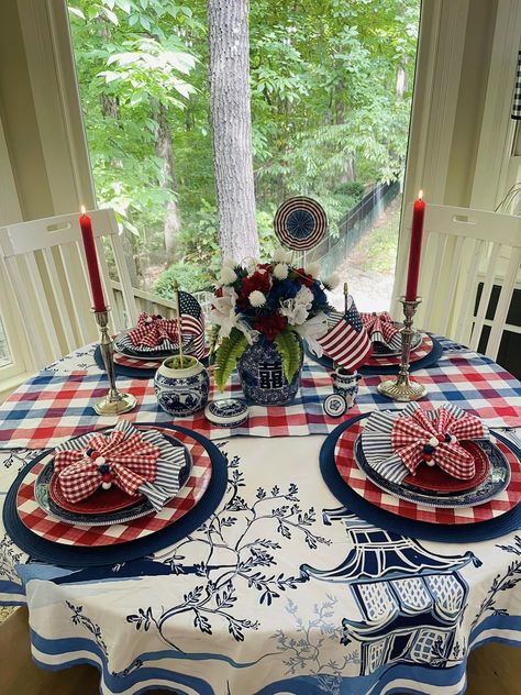 Americana Summer, Graduation Party Table, Blue Patio, Shelf Decoration, Summer Things, Fourth Of July Decor, Table Setting Decor, Holiday Table Settings, Stability Ball