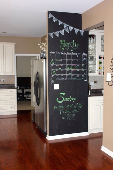 Chalkboard Accent Wall Kitchen, Chalkboard Calendar Wall, Bedroom With Chalkboard Wall, Chalk Wall Calendar, Chalk Wall Calendar Ideas, Apartment Chalkboard Ideas, Chalkboard Door Ideas, Blackboard Wall Ideas, March Chalkboard Calendar