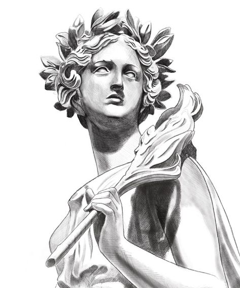 Drawing Ideas Statue, Greek Goddess Statue Drawing, Greek Sculpture Drawing Sketch, Statue Head Drawing, Statue Drawing Easy, Roman Sculpture Drawing, Greek Mythology Sketches Drawings, Drawing Ideas Buildings, Greek Sculpture Sketch