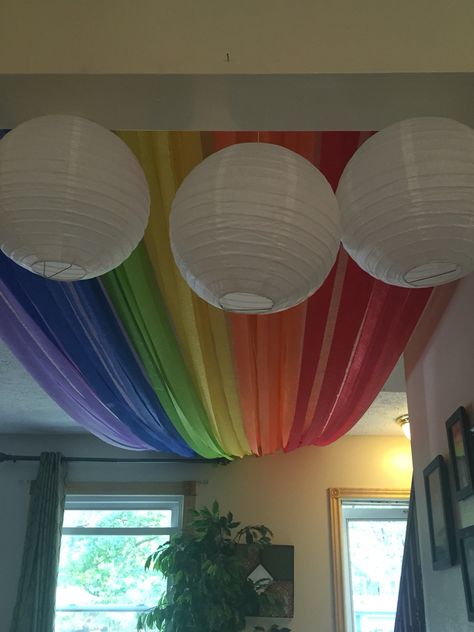 Rainbow Ceiling, Science Camp, Porch Ceiling, Unicorn Decorations, Elementary Library, Welcome To The Party, St Pattys, Kids Church, School Library