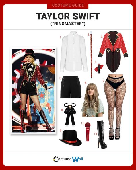 Taylor Swift (”Ringmaster”) Costume Taylor Swift Ringmaster, Red Microphone, Circus Ringmaster Costume, Knee High Lace Up Boots, High Lace Up Boots, Circus Ringmaster, Ringmaster Costume, Got Costumes, Costume Guide