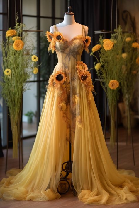 Sunflower Prom Dress, Sunflower Inspired Outfit, Sunflower Inspired Dress, Sunflower Fairy Costume, Sun Themed Dress, Sun Inspired Dress, Sunflower Wedding Dress, Sunflower Gown, Sunflower Clothes