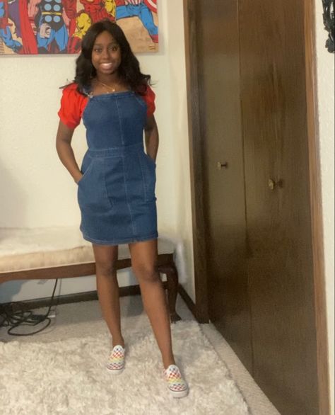 A blue demim dress with and orange shirt underneath and rainbow vans Rainbow Vans, Orange Shirt, Overall Dress, Denim Dress, Summer Dresses, Rainbow, Orange, Blue