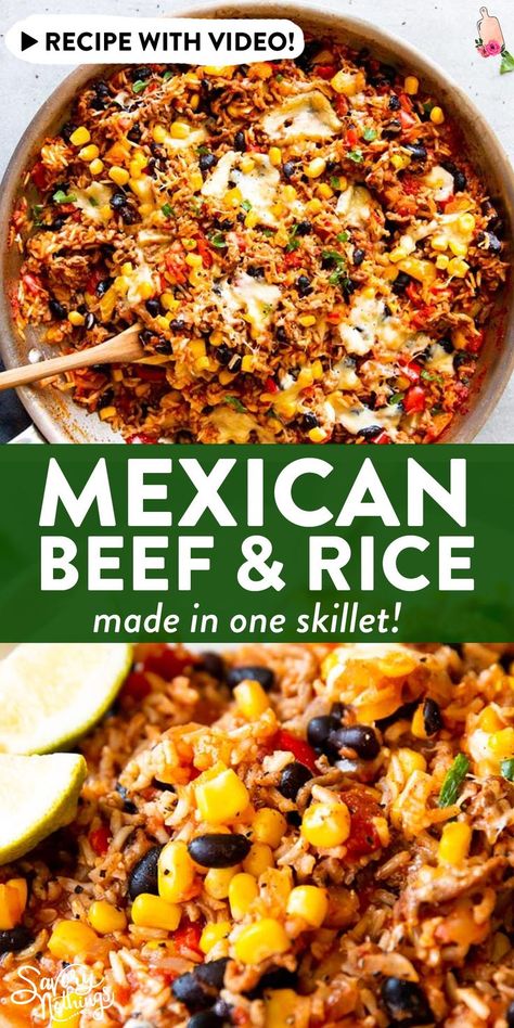 Mexican Beef N Rice Skillet Delish, What To Eat With Ground Beef, Delish Mexican Beef And Rice Skillet, Mexican Skillet Casserole, One Pot Mexican Beef And Rice, Meals With Taco Meat Ground Beef, Ground Beef Recipes When Sick, Quick Supper With Ground Beef, Beef Broth Dinner Recipes