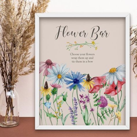 $25.35 | Wildflower Bridal Shower Flower Bar Sign Poster #flower bar sign, wildflower bridal shower, watercolor, rustic country, botanical, elegant modern floral, cottagecore, countrycore, pretty, love is in bloom Bridal Shower Flower Bar, Shower Flower Bar, Bouncy Calligraphy, Flower Bar Sign, Wildflower Seed Favors, Flower Seed Favors, Wild Flower Seeds, Country Cottagecore, Wildflower Bridal Shower